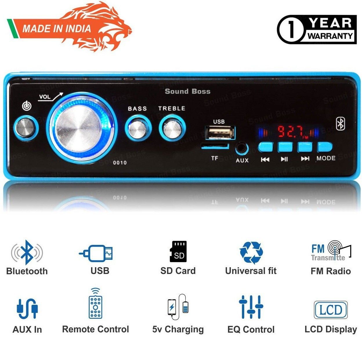 Sound Boss BLUETOOTH/USB/SD/AUX/FM/MP3 Car Stereo (Single Din)