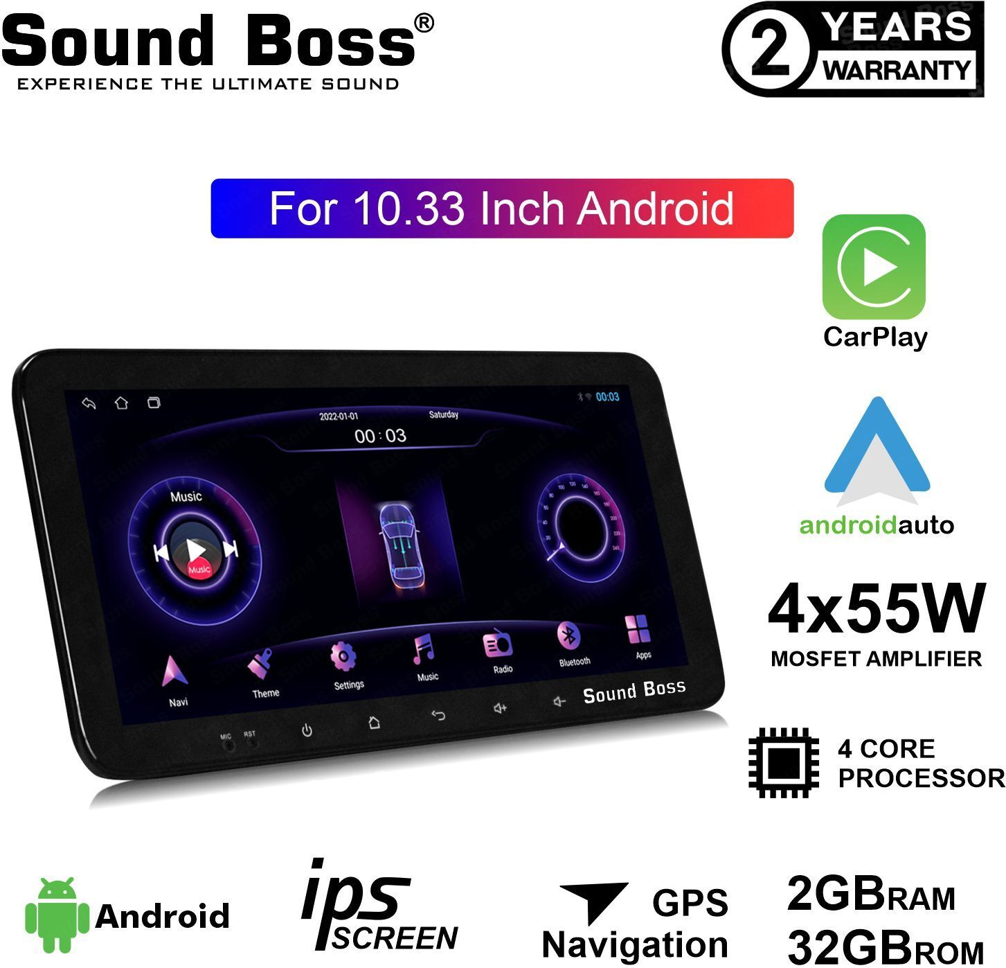 Sound Boss Androidify 3rd Generation 10.33 Inch Android (2GB/32GB) Car-Play Car Stereo (Double Din)