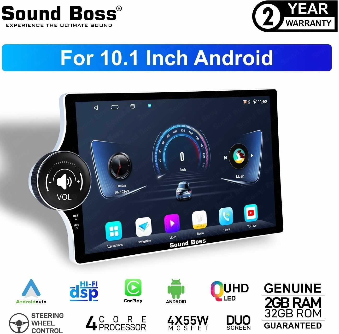 Sound Boss Androidify 4th Gen 10.1 Inch Diamond Qled Side Knob (2GB/32GB) Android. Car Stereo (Double Din)